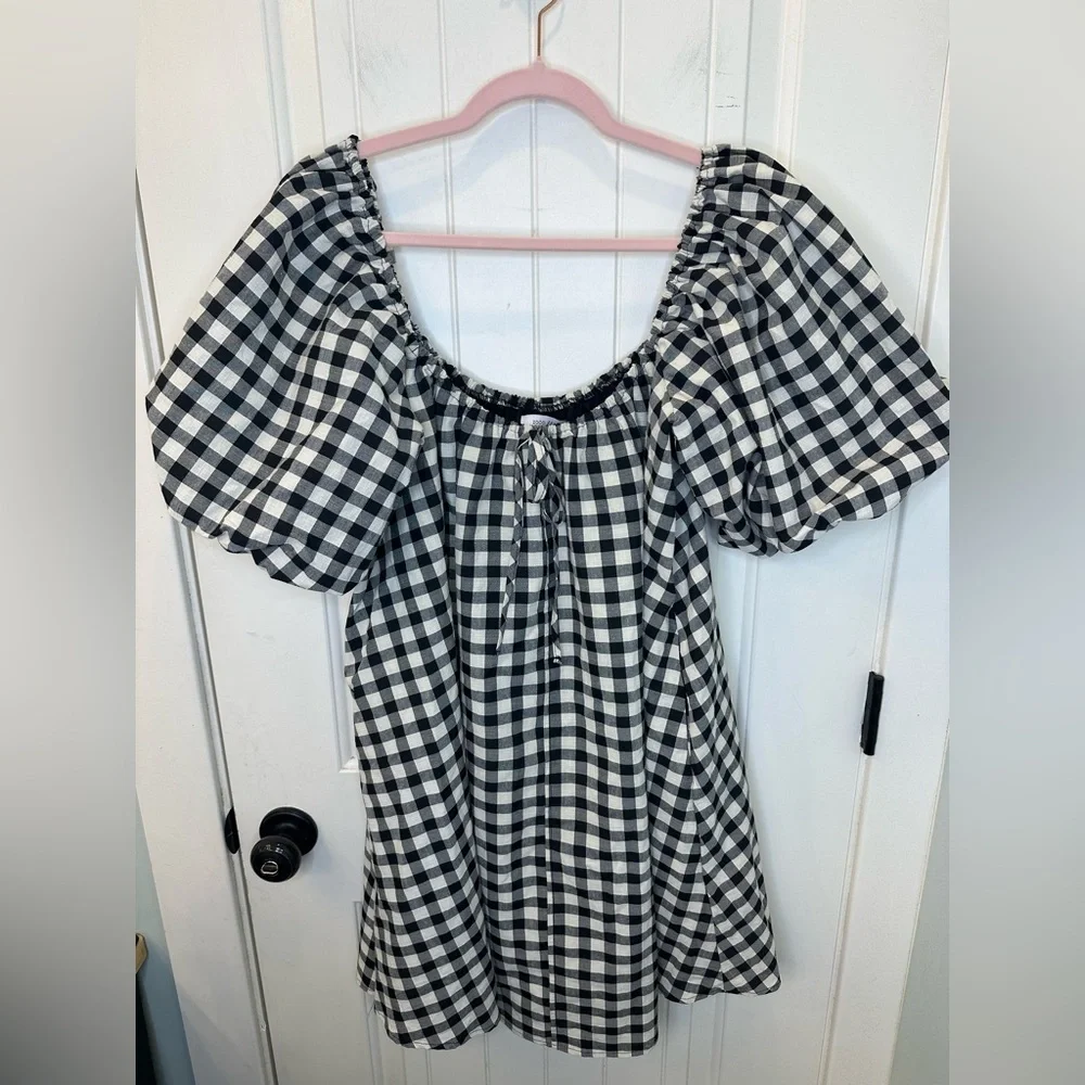 NWT Zoco “Ari” Black & Cream Gingham Puff Sleeve Mini Dress with Pockets Size S - Picture 2 of 7